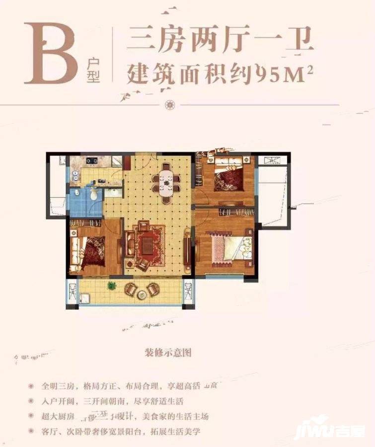 龙华云锦央玺（四期）3室2厅1卫95㎡户型图